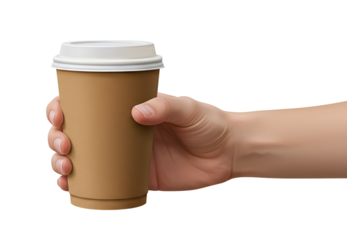 A hand firmly holds a brown paper cup with a white lid, commonly used for coffee or takeaway drinks.
