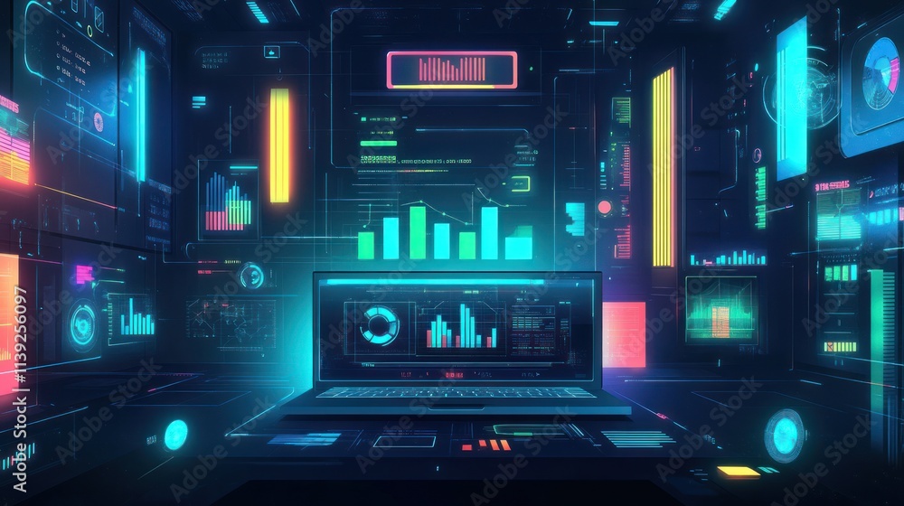 Poster Laptop with data on screens, surrounded by futuristic interface.