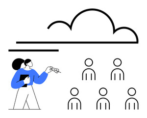 Woman holding a book, gesturing towards a large cloud icon, addressing six students. Ideal for online education, digital learning, virtual classrooms, cloud computing, technology in education, group