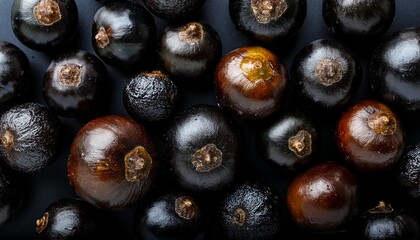 Fototapeta premium Flat Lay Top View of Bright Ripe Fragrant Black Guarana Fruit as Background