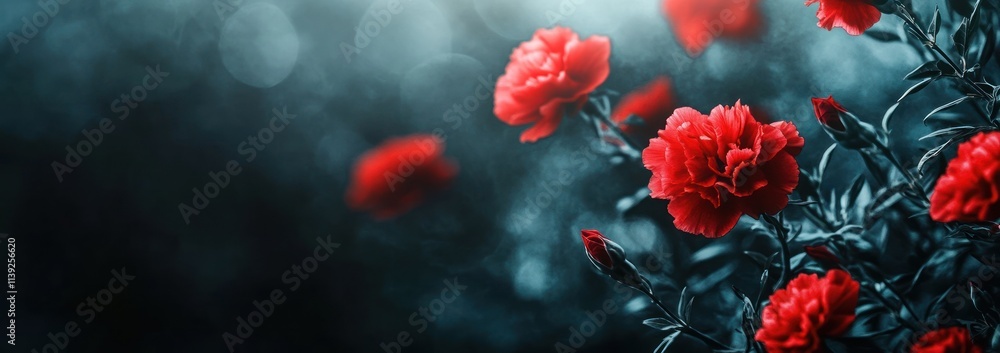 Poster Red flowers on dark background with bokeh.