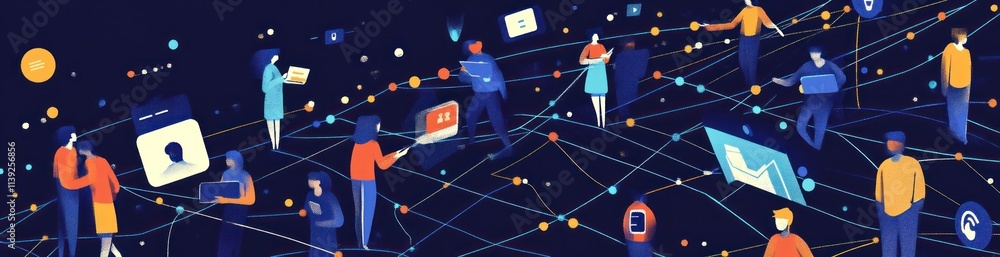 Poster People connecting digitally through a network with devices, icons and data.