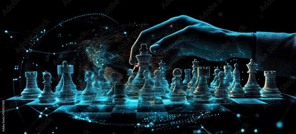 Aufkleber chess game hand moving piece with digital pattern.