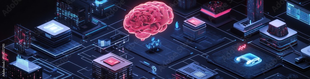 Aufkleber glowing brain above circuit board with connected glowing modules.