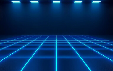 Futuristic neon abstract background with glowing blue grid and dark space