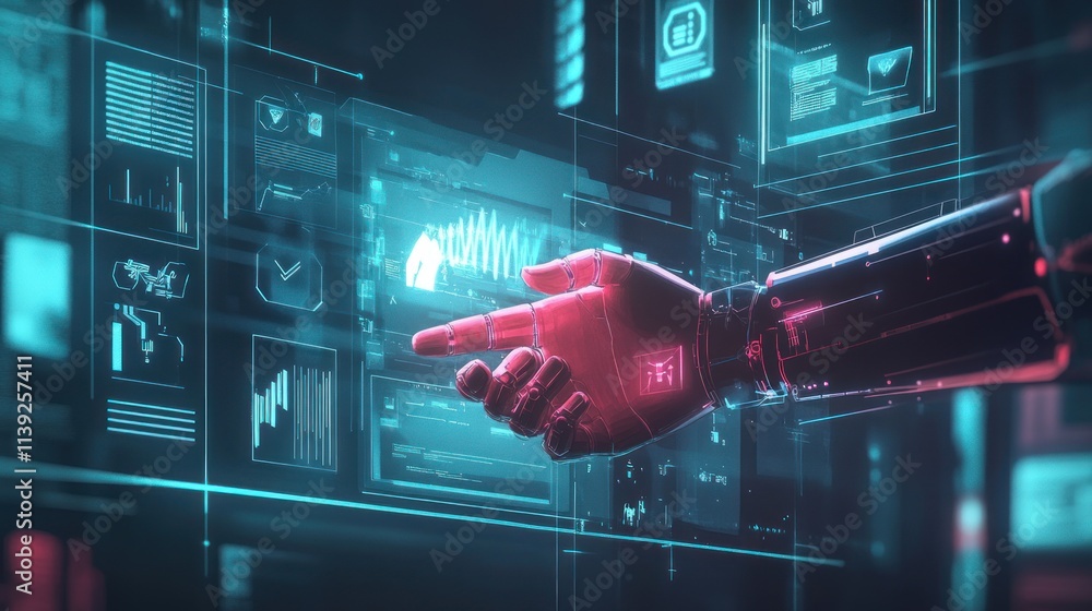 Poster Robotic hand interacts with digital user interface.