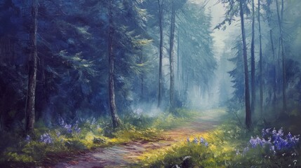 Obraz premium Enchanted Forest Path: A Misty Morning Walk