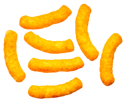 Cheesy Puffed Corn snacks isolated on white background, Puff corn or Corn puffs cheese flavor on white PNG file.