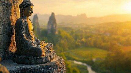 Fototapeta premium Buddha statue carved into mountain scenic landscape photography high fidelity majestic viewpoint spiritual concept
