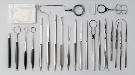 Comprehensive Collection of Surgical Instruments for Medical Professionals Featuring Scissors, Forceps, Tweezers, and More in a Neatly Organized Display for Educational Use