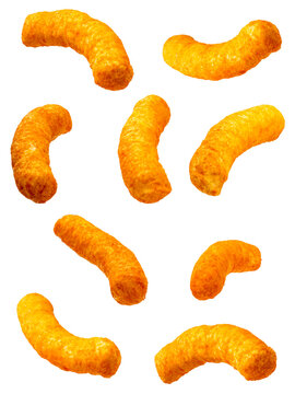 Cheesy Puffed Corn snacks isolated on white background, Puff corn or Corn puffs cheese flavor on white PNG file.