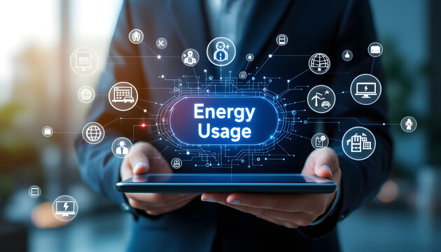 Hands Holding a tablet with a glowing "Energy Usage" icon surrounded by various hexagonal icons representing different energy and management concepts.