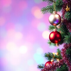 Fototapeta premium Elegant Christmas tree branch with red and gold decorations on a plain blurred background, with space for text