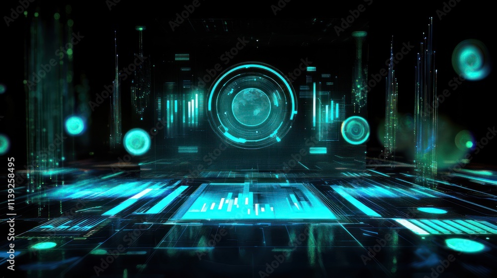 Aufkleber futuristic interface with blue lights and abstract graphic elements.