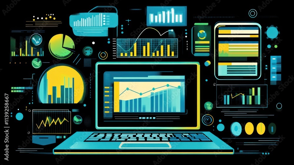 Leinwandbilder data analytics dashboard on laptop screen with charts, graphs.
