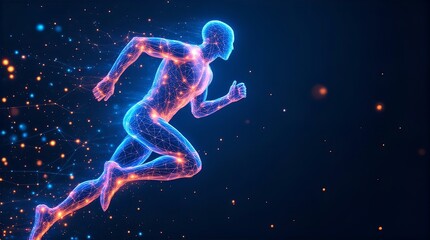 Naklejka premium Abstract Futuristic Runner: A Glowing Constellation of Energy and Motion in Deep Blue Space
