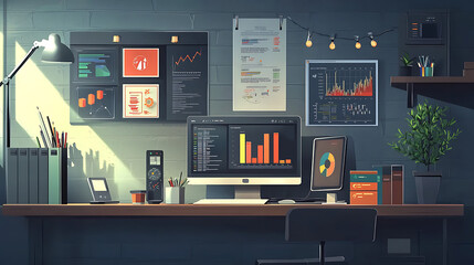 A computer desk with a monitor, keyboard, and mouse