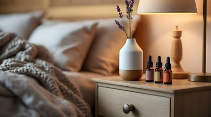 Serene Bedroom Nightstand with Essential Oil Diffuser, Lavender, and Essential Oils