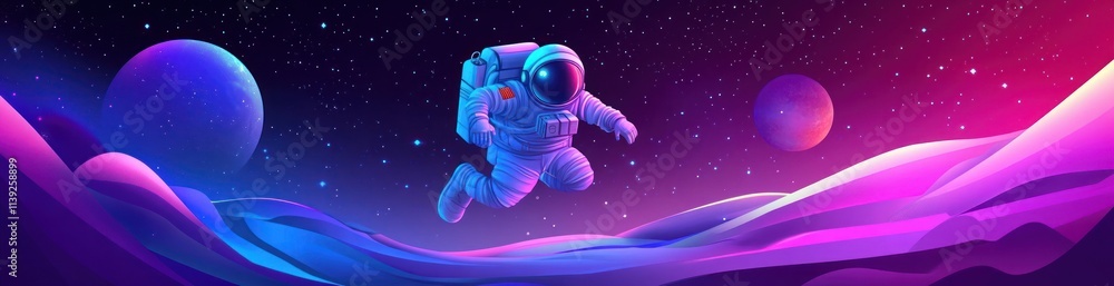 Poster astronaut floats in space with planets and star field background.