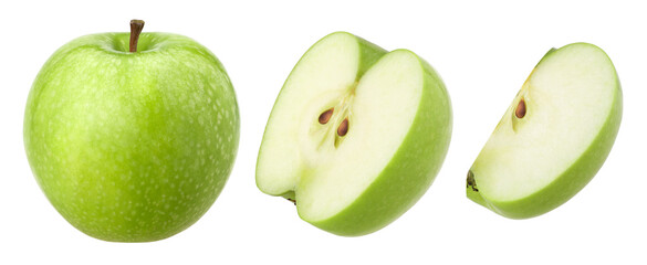 Close-up, green apple (granny smith apple), half and slice isolated, transparent PNG, collection, PNG format