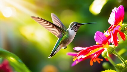 Fototapeta premium A hummingbird with sparkling green feathers is seen flying gracefully in the air.