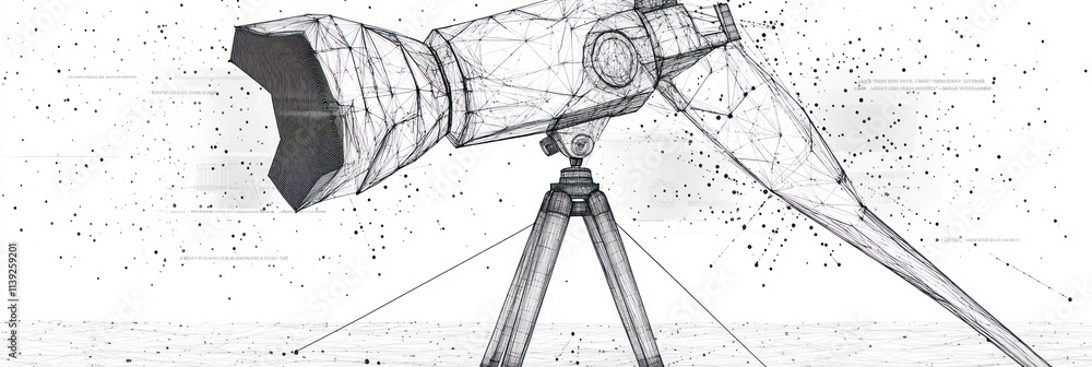 Poster low-poly camera on a tripod with a dotted background.