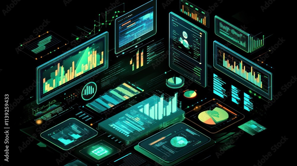 Poster Digital screens display charts, data, and graphs on a dark background.