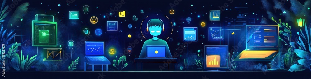 Poster person works online, surrounded by data and tech.