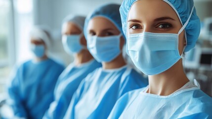 Team of Medical Professionals Wearing Surgical Masks and Scrubs in a Healthcare Environment, Highlighting Teamwork and Commitment to Patient Care