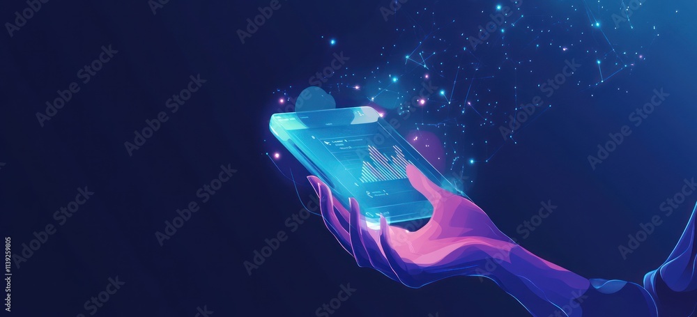 Poster Glowing hand holds a mobile device with data and connections.