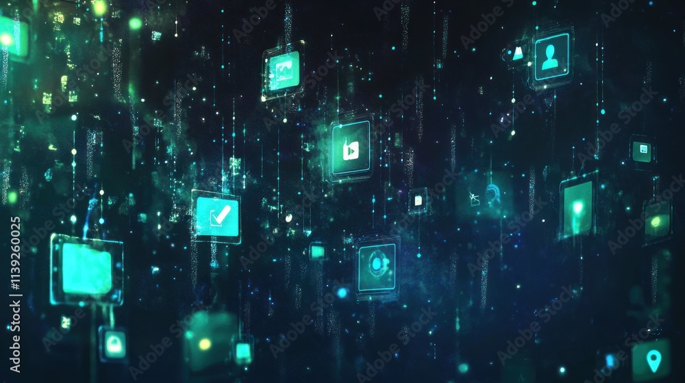 Poster Floating digital icons in a matrix network with glowing green lights.