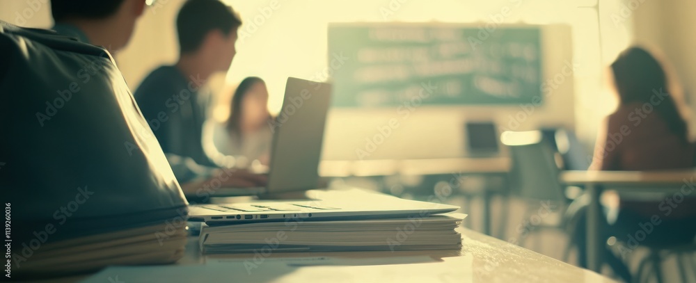 Poster Classroom view with students using laptops at desks, chalkboard background.