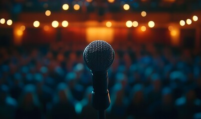A microphone stands on the stage of an auditorium filled with people, closeup with a blurred background, Generative Ai