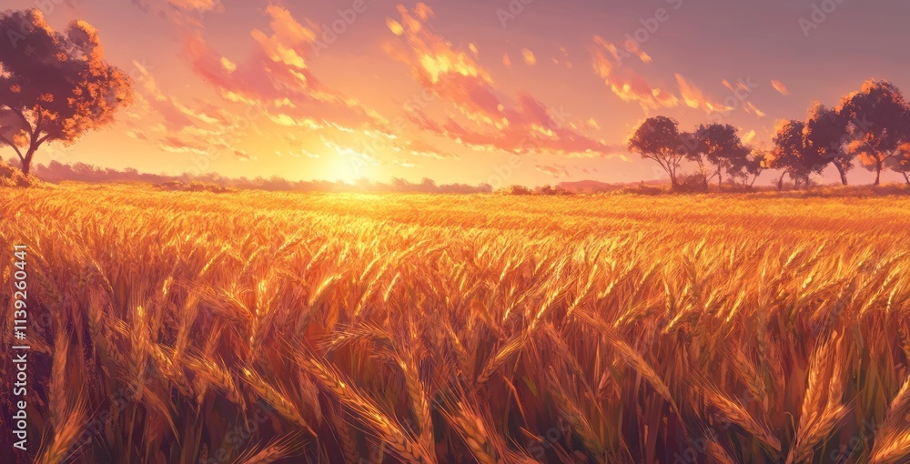 Poster golden wheat field at sunset with trees and sky.