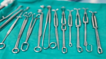 A Comprehensive Display of Surgical Instruments on a Green Operating Table Cloth Showcasing Precision Tools for Medical Procedures and Interventions