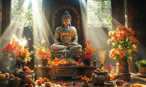 A serene Buddha statue surrounded by vibrant flowers, fruits, and incense in a tranquil setting.