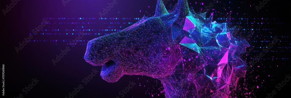 Poster 3d low-poly horse head with digital disintegration effect.