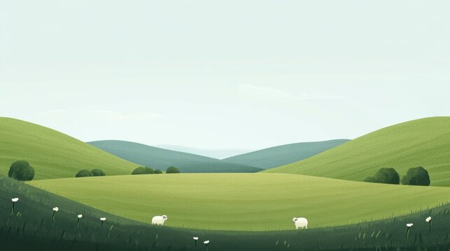 Serene Green Hills with Sheep - Peaceful Pastoral Landscape