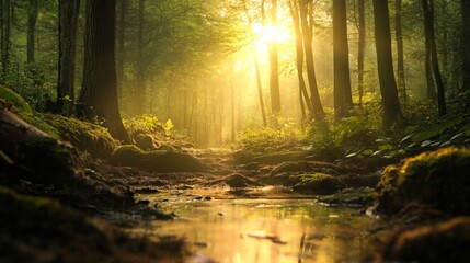 Fototapeta premium Sunlight streams through trees and illuminates a small stream in the woods.