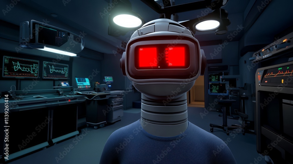 Poster futuristic robotic character with glowing red eyes standing in a high-tech laboratory filled with di