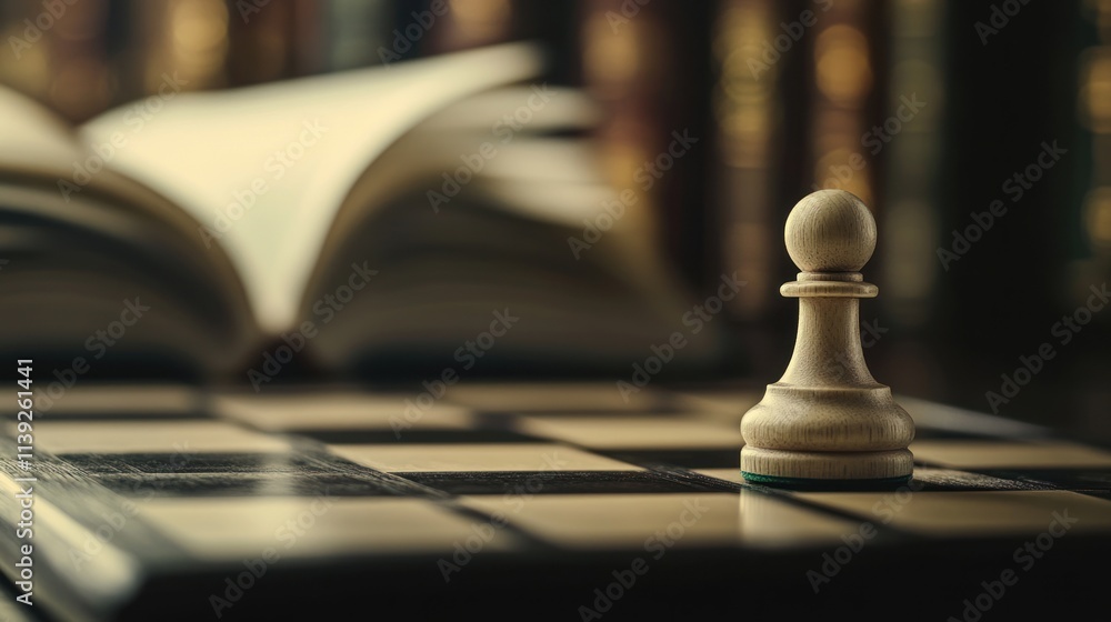 Poster pawn on chess board with open book and blurry shelves.