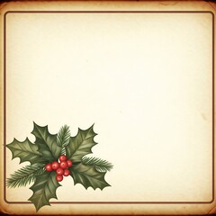 A greeting card with a vintage design, distressed border, and a holly and berry illustration in the lower left corner.
