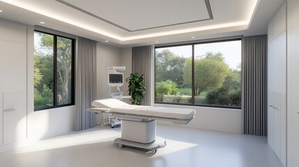 Fototapeta premium Modern Medical Exam Room with Bright Windows and Comfortable Procedure Table Surrounded by Nature and Natural Light