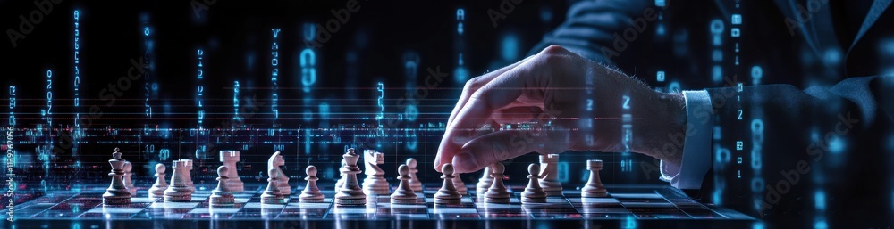 Poster hand moves chess piece with binary code background.