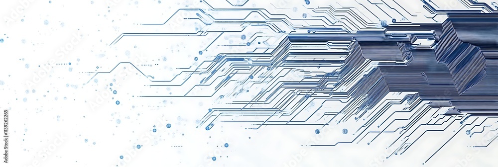 Poster blue circuit lines on a white background depicting a technology and connection concept, generative a