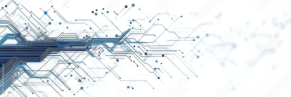Poster blue circuit lines on a white background depicting a technology and connection concept, generative a
