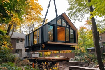 Modern prefab home being lifted by crane, nestled among autumn trees. Illustrates sustainable, efficient housing solutions for environmentally conscious living.