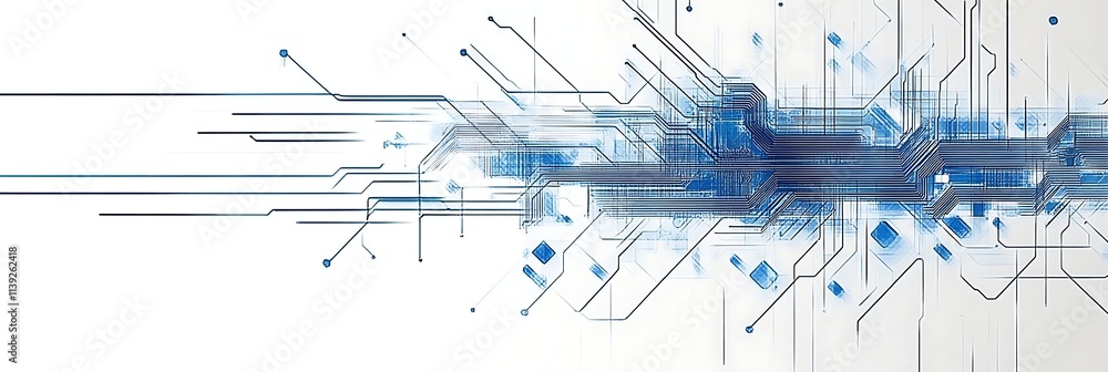 Poster blue circuit lines on a white background depicting a technology and connection concept, generative a