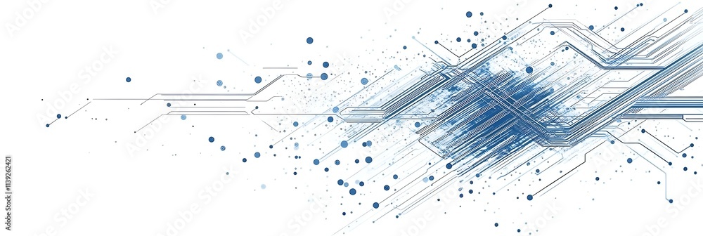 Poster blue circuit lines on a white background depicting a technology and connection concept, generative a