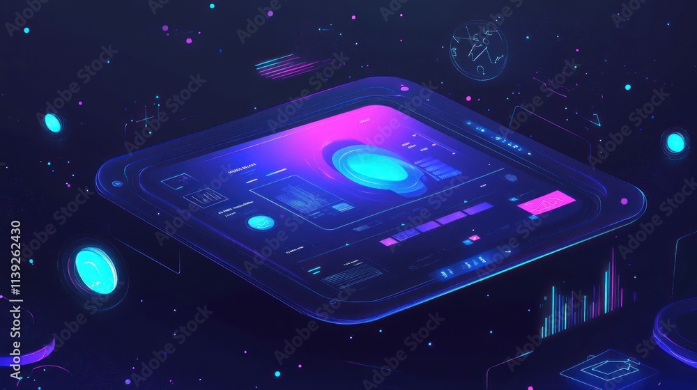 Poster futuristic control panel with neon light.